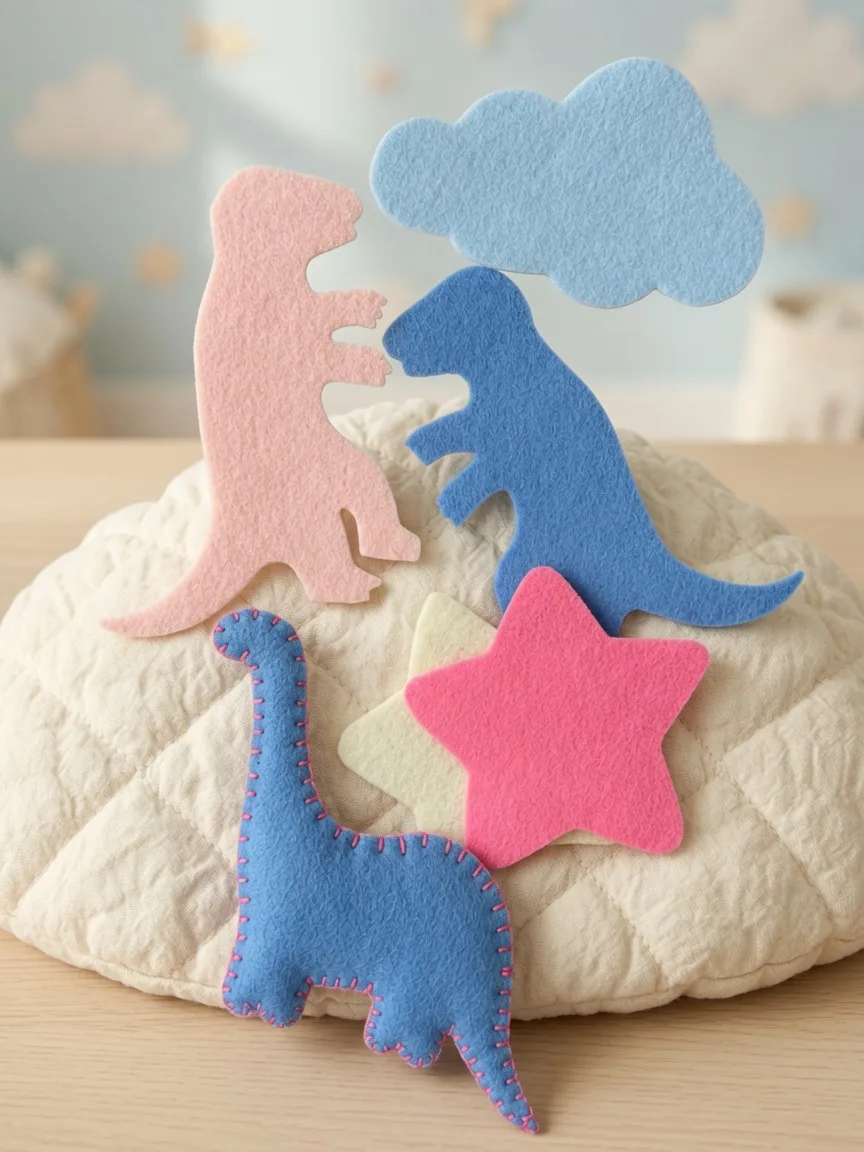 Felt dinosaur and cloud shapes cut for a DIY baby play mat