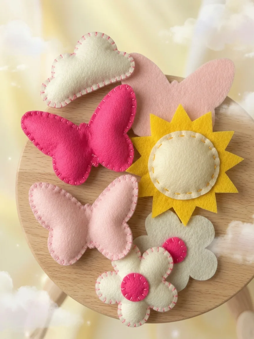 Hand-stitched felt butterflies, sun and flowers for a baby play mat